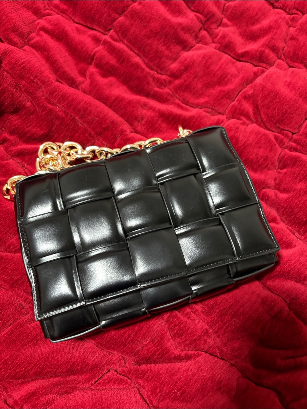 Bottega Veneta-like Black Quilted Intrecciato Chain Crossbody with Gold Hardware